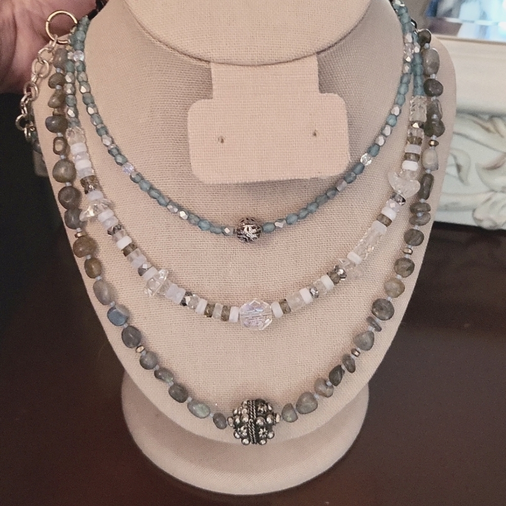 Handmade Natural Stone Layered Multi Wear Necklace with Silver Beads
